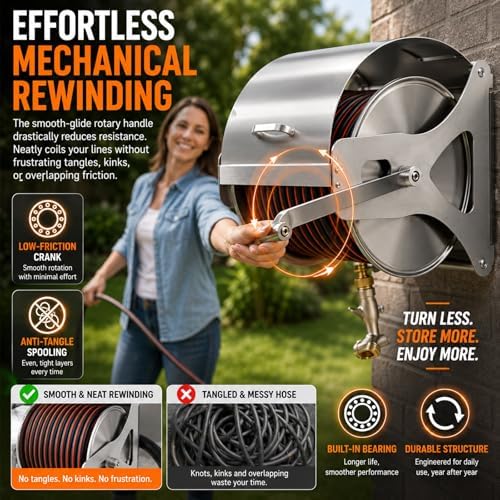 Stainless Steel Garden Hose Reel Wall Mount, Detachable Heavy Duty Metal Water Pipe Organizer Cart with 5-Way Spray Nozzle, Holds Up to 165 Feet 1/2-Inch Hose(20M/65FT) - Image 6