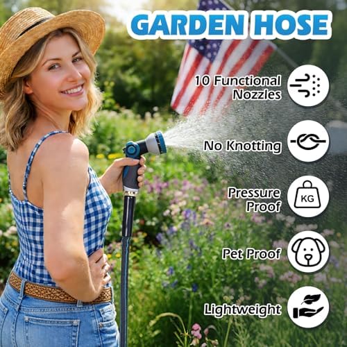 Non-Expanding Garden Hose 100FT 10-Pattern Nozzle, Lightweight Flexible Water Hose Kink-Resistant, Brass 3/4'' Fittings & Sealing Washers, for Yard Lawn Garden Car Wash Pet Bathing - Image 5