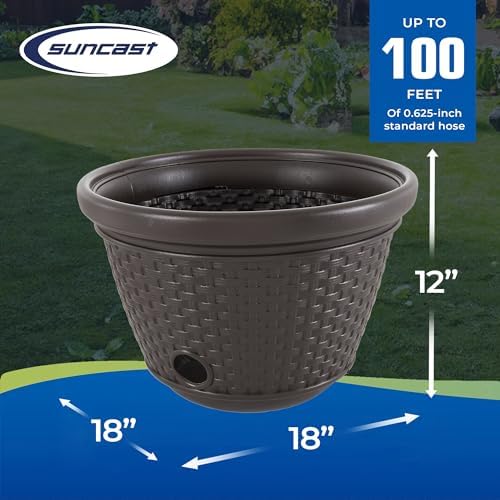 Suncast Decorative Wicker Garden Hose Holder Pot with 4 Drain Holes for 100 Foot Hoses, Java - Image 3