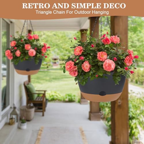 3 Pack Hanging Planters Set, 10inch Self-Watering Hanging Plant Pot, Macrame Plant Hanger with Pot, Chains, S & Ceiling Hooks, Removable Saucer and Drainage Holes for Indoor, Outdoor Plants - Black - Image 4