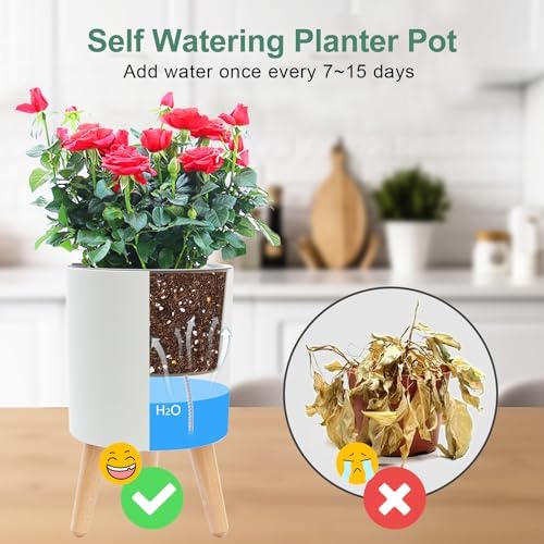 Oliz 7.8 Inch Planter Pot with Solid Wood Legs, Self Watering Planter Pots with Water Shortage Alarm Planter Pot for Indoor Outdoor Modern Flower Planter for Home & Garden(White) - Image 4