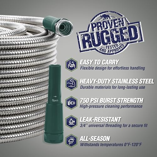 RUGGED RHINO Metal Garden Hose with Spray Nozzle, 75FT, 304 Stainless Steel, 750 PSI Burst Strength, Heavy Duty Flexible Water Hose, Kink Resistant, Leakproof for Yard, Lawn and Outdoor Use, Green - Image 2