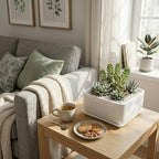 MyGift White Ceramic Square Planter Pot with Drainage Hole & Drip Tray - Image 2