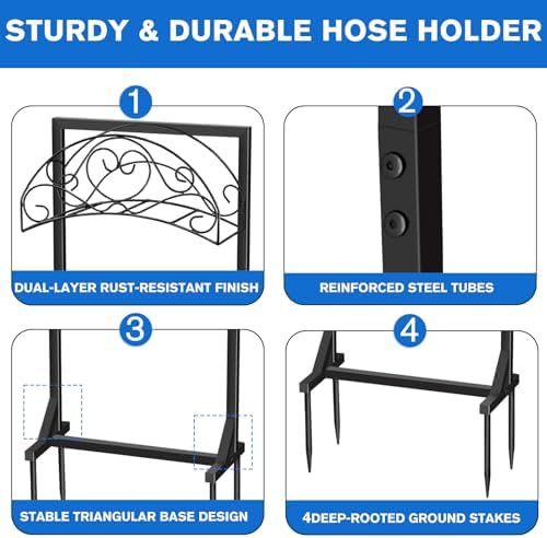 Garden Hose Holder, Freestanding Hose Reel Stand 4 Spikes, Heavy Duty Water Hose Hanger Rack Holds 160 FT, Rust-Resistant Metal Organizer Holds for Yard Lawn Garden Outside - Image 6