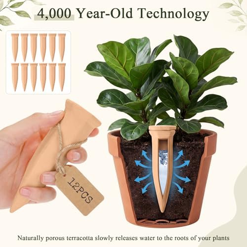12 Pack Terracotta Watering Spikes with Lids Plant Watering Spikes Automatic Plant Waterer Devices Outdoor Indoor Vacation Friendly Slow Release Self Waterer Planter Insert(Medium) - Image 5