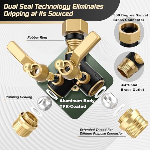Hose Splitter 2 Way Heavy Duty, Garden Hose Splitter- Full Metal Body Y Type with Dual Shut Off Valves, 3/4" Standard Threads, Leak-Proof Dual Outlet Splitter for Sprinklers and Irrigation Systems - Image 3