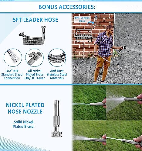 Morvat Stainless Steel Metal Water Hose Reel for 150FT Hose, Retractable Garden Hose Holder with Storage Shelf & Crank, Wall/Floor Mount, Includes 5Ft Leader Hose with ON/OFF Valve & Accessories - Image 3