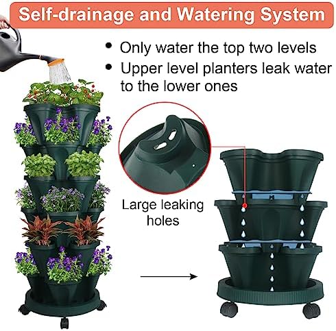 GameXcel Vertical Planter Tower - 6 Tier Stackable Garden Planters with Wheels and Tools Plant Pots for Strawberry Herb Flower and Vegetable Indoor Outdoor Use Green - Image 4