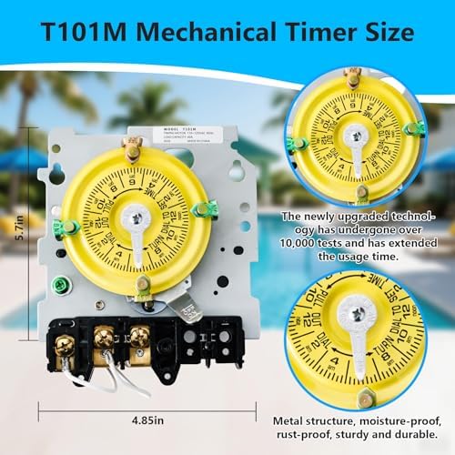 T101M Mechanical Timer Switch,120V AC SPST 40A,60Hz, Pool Pump Switch,Heavy Duty Pool Timers Outdoor,Timer for Lights HVAC Systems,24 Hour 12 ON/Off for Pump, 3 Years Warranty - Image 2