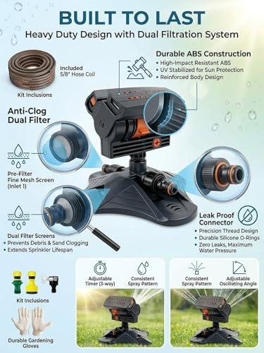 2026 Upgraded 16-Nozzle Oscillating Sprinkler with Dual-Zone Sprinkler Water Timer Heavy Duty Yard Irrigation Adjustable Rotating Lawn Coverage Tool for Outdoor Plants Automatic(2PCS Mix) - Image 5
