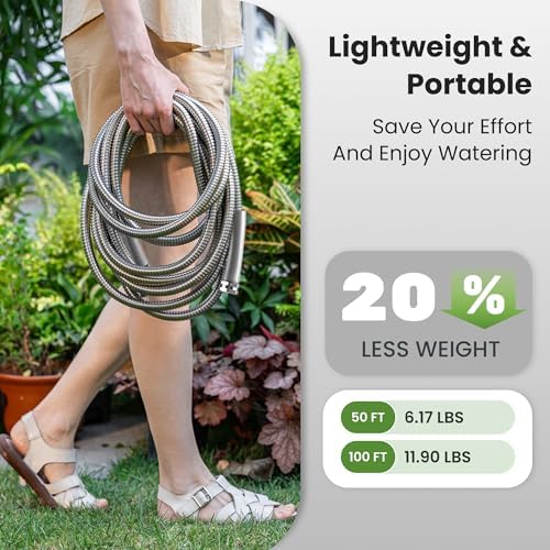 Giraffe Tools Garden Hose 50ft x 3/4", 304 Stainless Steel Metal Water Hose, No Kink Garden Water Hose with 9 Pattern Spray Nozzle, Flexible, Lightweight, Kink Free Hose for Yard, Outdoor - Image 6