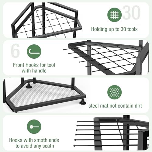 Garden Tool Organizer for Corner,Metal Yard Tool Organizer for Long-Handled Tools/Rakes/Brooms,Side Garden Pocket,Heavy Duty Steel Yard Tool Storage Rack for Garage,Shed, Outdoor - Image 3