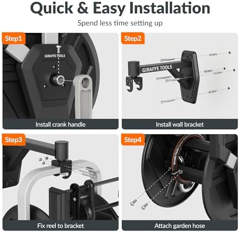 Giraffe Tools Garden Hose Reel Wall Mount, 125FT 5/8" Hose Capacity, Heavy Duty Water Hose Reel, Hose Guide Pre-Installed with Crank, 210° Swivel, for Yard Lawn Garage - Image 7