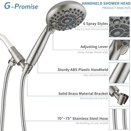 G-Promise High Pressure 6 Mode Hand Held Shower Head with Extra Long Hose - Image 2