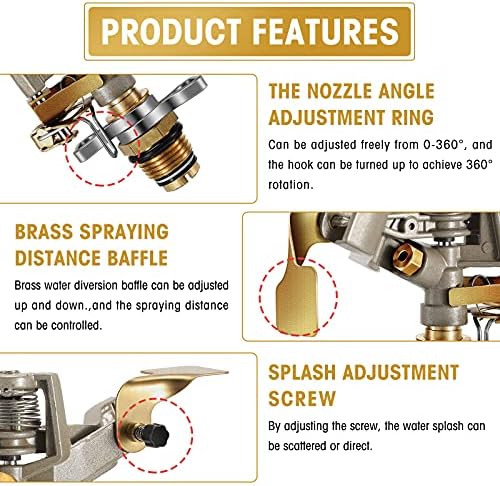Impact Sprinkler Head Brass Pulsating Sprinkler Lawns Garden Adjustable 360 Degrees Watering Heavy Duty Sprinkler Head with Nozzles for Yard and Grass Irrigation (5 Pieces) - Image 5