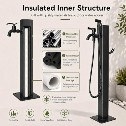 Outdoor Garden Water Post with Faucet and Hand Sprayer, Freestanding Stainless Steel Faucet Stand with Bottom/Side Inlet, NPT and GHT Adapters for Yard Patio Cleaning (23.6",Square-Spray) - Image 3
