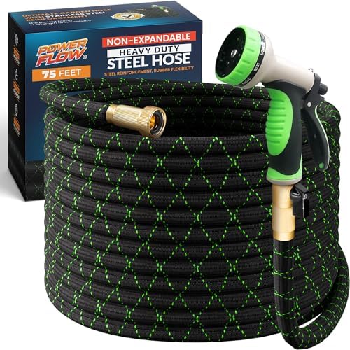 PowerFlow Metal Garden Hose, 75 Ft Non-Expandable Water Hose, Black by POWERFLOW