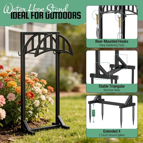 YQSLYSF 2 Pack Garden Hose Holder, Water Hose Stand with 4 Stake and 2 Tool Hooks, Heavy-Duty Metal Hose Storage Holds 150Ft, Freestanding Hose Hanger Rack for Outside, Yard, Lawn, Farm - Image 4