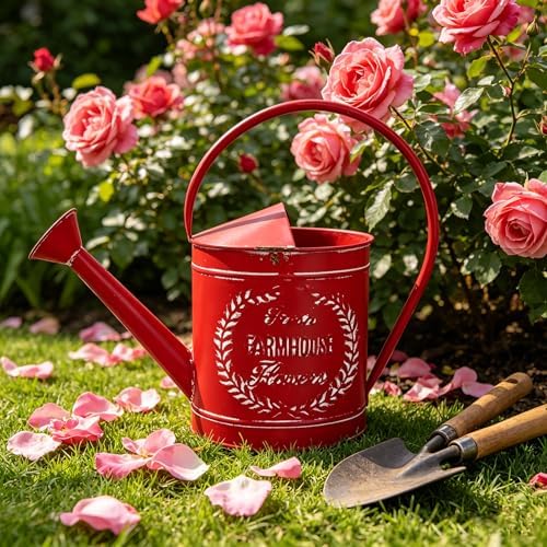 Vintage Metal Watering Can with Fresh Farmhouse Flowers Emboss Garden Distressed Red Decorative Watering Pot Farmhouse Waterer for Home Garden Balcony Courtyard Christmas Decor (Red) by Unknown