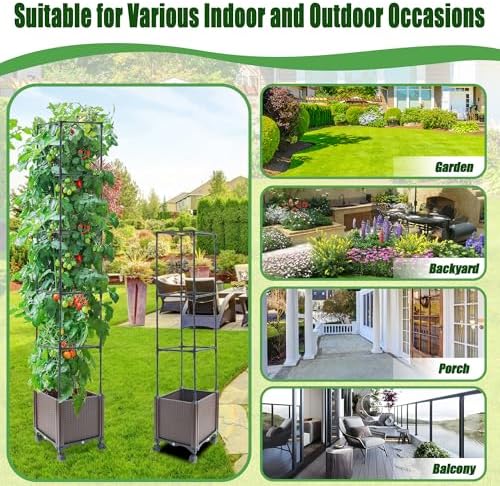 Quibbay Raised Garden Bed Planter Box with Trellis, 62.2" Self-Watering Tomato Planters for Climbing Plants Vine Flowers Outdoor Patio, Tomatoes Cage with Trellis Wheels for Outdoor, 1Pack - Image 6