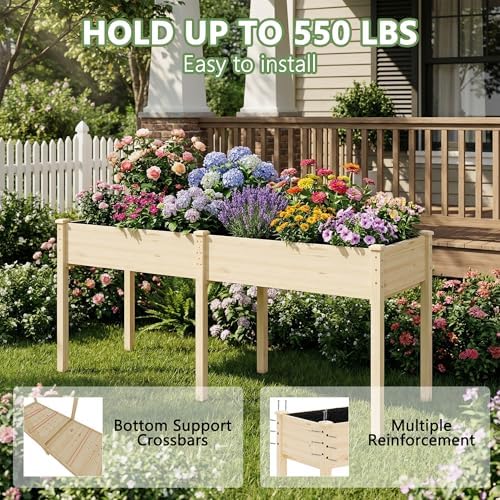 Raised Garden Bed with Legs, 72x24x30in Tall Wooden Elevated Planter Box with Liner for Flowers Vegetables Herbs, Outdoor Reinforced Large Raised Bed for Balcony/Patio/Backyard - Image 5