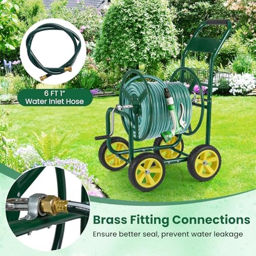 Goplus Garden Hose Reel Cart, 300 ft 5/8" or 400 ft 1/2", Heavy-Duty Metal Hose Cart w/ 4 Wheels, Storage Basket, Portable Water Hose Organizer for Yard Planting Lawn - Image 3