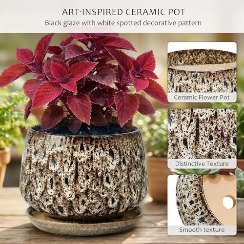 7.5 Inch Ceramic Planter with Saucer,Modern Garden Pots with Drainage Hole Mesh Net, for Indoor Outdoor Use(Speckle White) - Image 3