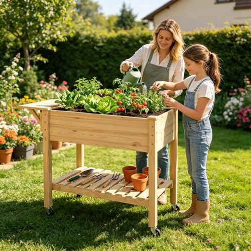 Raised Garden Bed with Legs and Wheels, Self-Watering System, 34x18x30in Elevated Planter Box with Storage Shelf & Liner for Flowers Vegetables Herbs, Raised Bed for Outdoor/Balcony/Patio - Image 2