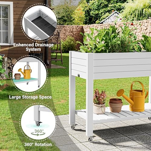 Elevate 33.7" Tall Raised Garden Bed with Wheels, Divisible Resin Planter Box with Drainage Gauge & Storage Shelf, Herb Planter for Garden Patio Backyard, Ashen (33.7" h) - Image 4