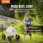 VEVOR Hose Reel Cart, Hold Up to 300 ft of 5/8’’ Hose, Garden Water Hose Carts Mobile Tools with 4 Wheels, Heavy Duty Powder-Coated Steel Outdoor Planting with Storage Basket, for Garden, Yard, Lawn - Image 2