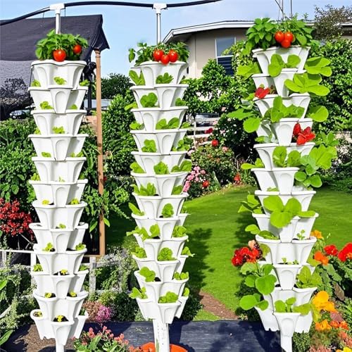 7 Tiered Strawberry Planters 2 Pack, Vertical Stackable Planter, Herb Stacking Tower Garden, Flower and Vegetable Planters with Support Pole Indoor & Outdoor with Removable Wheels - White - Image 6