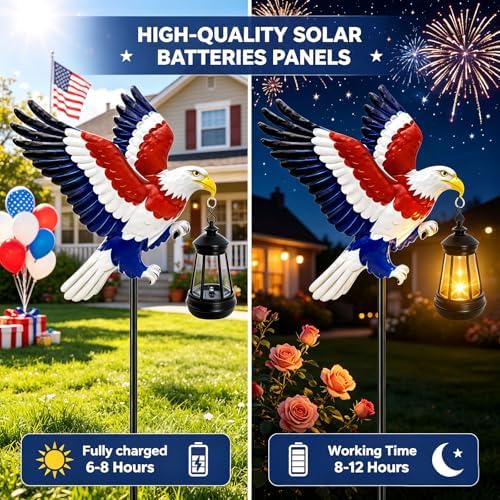 4th of July Decorations 250th anniversary Bald Eagle Solar Garden Light Outdoor Waterproof, Gift for family and friends, Stake Light with Solar Lantern,Solar Lights Yard Art Outside Patio Garden Decor - Image 2