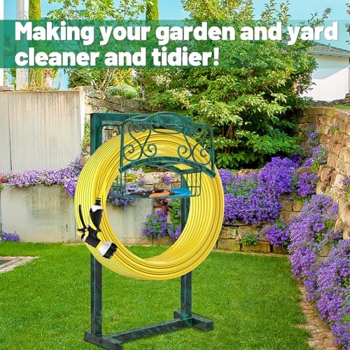 Garden Hose Holder for Outside - Upgraded Water Hose Holder Holds with Storage Basket, Heavy Duty Metal Freestanding Garden Hose Storage Reel Rack for Outdoor Yard Lawn (Green) - Image 7