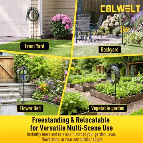 Colwelt Garden Hose Holder & 50FT Water Hose 1/2", Freestanding Water Hose Holder, Rustproof Detachable Garden Hose Storage, Water Hose Reel Stand with Storage Basket, Metal Hose Stand for Yard & Lawn - Image 6