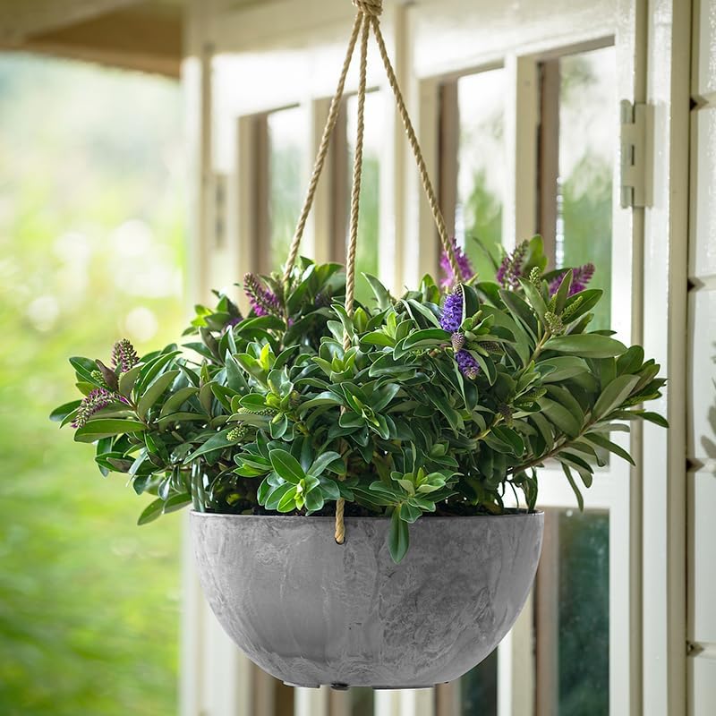 Root & Vessel Self Watering Hanging Planter for Indoor or Outdoor Plants, Unique Marbled Hanging Basket Made of Eco-Friendly Blend of Stone & Plastic, Gray, 12" - Image 2