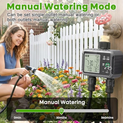 Sprinkler Timer 2 Zone, IPX5 Waterproof Programmable Water Hose Timer with Rain Delay, Child Lock, Manual Watering for Outdoor Automatic Irrigation for Garden, Lawn, Yard (AA Batteries Not Included) - Image 5