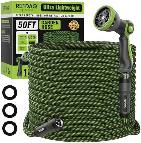 Garden Hose, Flexible Ultra Lightweight Durable, Kink-Free Water Hose with 10 Function Sprayer - Non-Shrinking, Easy to Store, All-Weather, High-Pressure (50FT) by REFDAQ