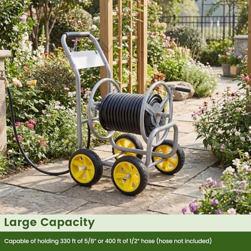 Goplus Garden Hose Reel Cart, 330ft 5/8" or 400ft 1/2" Large Capacity, Heavy-Duty Metal Hose Cart w/4 Wheels, Portable Water Hose Organizer for Outdoor Yard Planting Lawn - Image 2