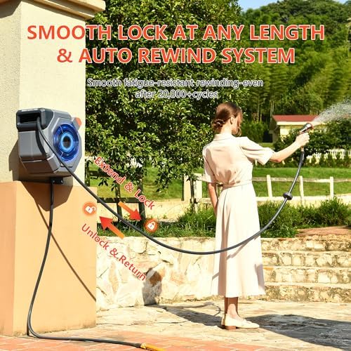 Retractable Garden Hose Reel, 5/8 in x 50 ft Heavy Duty Wall Mount Water Hose Reel with Reinforced Bracket & 9-Pattern Metal Nozzle, Any Length Lock, Slow Retraction and 180 Swivel - Image 4