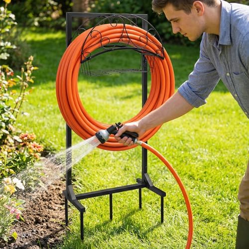 Garden Water Hose Holder - Waterhose Stand for Outside Freestanding, Heavy Duty 5-Spikes Free Standing Hose Hanger Rack Organizer with Storage Basket Hold 160ft Water Pipe for Outdoor Yard Lawn - Image 5