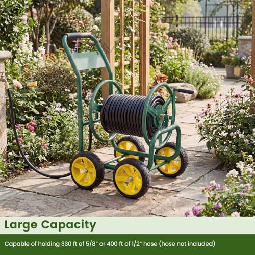 Goplus Garden Hose Reel Cart, 330ft 5/8" or 400ft 1/2" Large Capacity, Heavy-Duty Metal Hose Cart w/4 Wheels, Portable Water Hose Organizer for Outdoor Yard Planting Lawn - Image 2