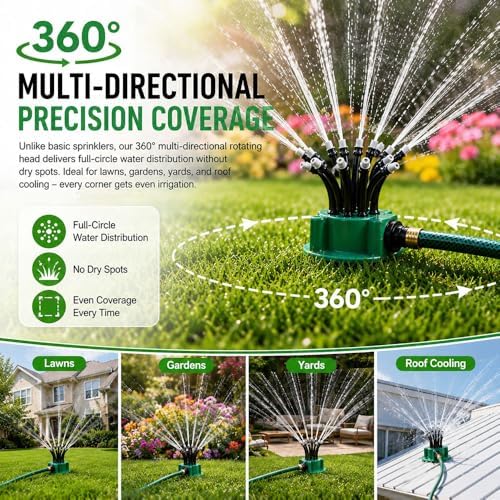 360° Multi-Directional Lawn Sprinkler for Yard & Garden, Precision Irrigation with Wide Coverage, Stable Rotating & Easy-Connect Automatic Watering System for Grass, Roof Cooling & Outdoor Fun (4pcs) - Image 3
