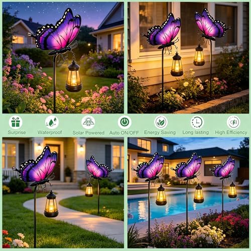 2 Pack Butterfly Solar Garden lights Outdoor Waterproof, Gift for Women Mom Grandma Daughter, Stake lights with Solar Lantern, Hanging Solar Light, Solar Path Light Yard Art Outside Patio Garden Decor - Image 6