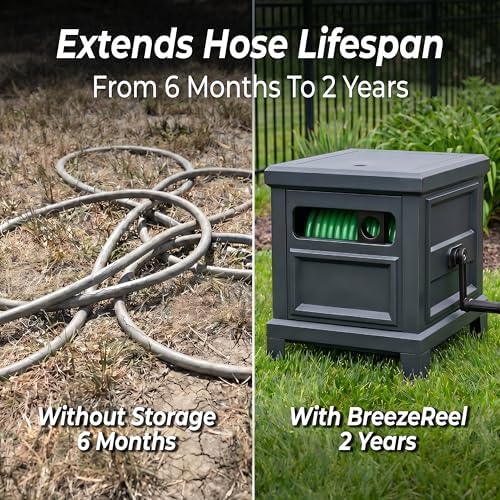 Garden Hose Reel Hideaway, Heavy Duty Metal Hose Reel Box Holds 125FT x 5/8" Hose, Steel Hose Storage Box with Manual Crank, Hose Guide and Leak-Proof Aluminum Connections, Stable 4-Leg Base - Image 2