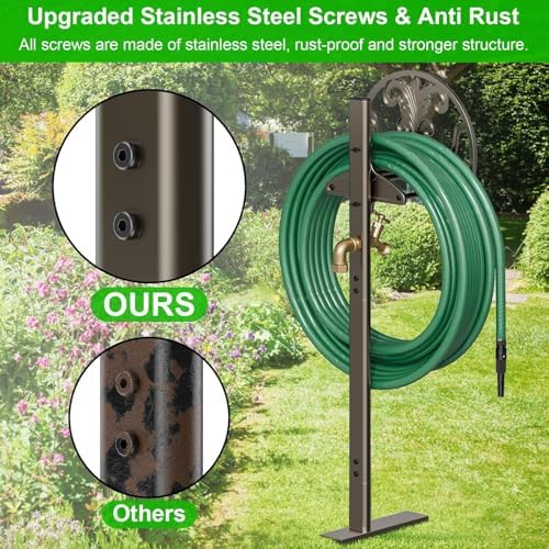 Heavy Duty Freestanding Garden Hose Stand with Brass Faucet, Weather Resistant Metal Hose Holder, Detachable Decorative Hose Storage Rack Holds 150FT Hose for Patio Lawn Yard Outdoor - Image 4