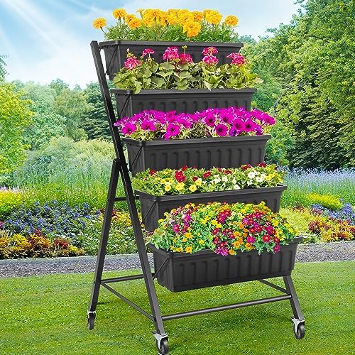 Homdox 5-Tier Elevated Garden Bed with Lockable Caster Wheels - Freestanding Vertical Raised Bed with 5 Garden Planter Boxes- Perfect to Grow Vegetables Herbs Flowers Indoor(Black) by HOMDOX