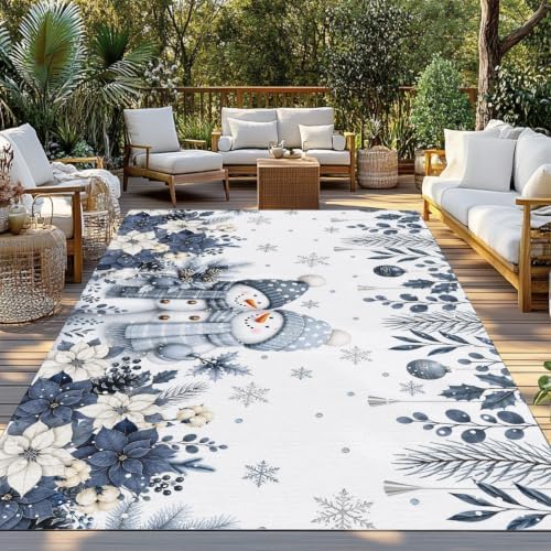 Christmas Floral 3x5 Waterproof Outdoor Rug with Non‑Slip Backing Country Blue White Poinsettia Snowmen Couple Machine Washable Deck Patio Rug Mat for Camping, RV, Garden, Balcony Pool - Image 2