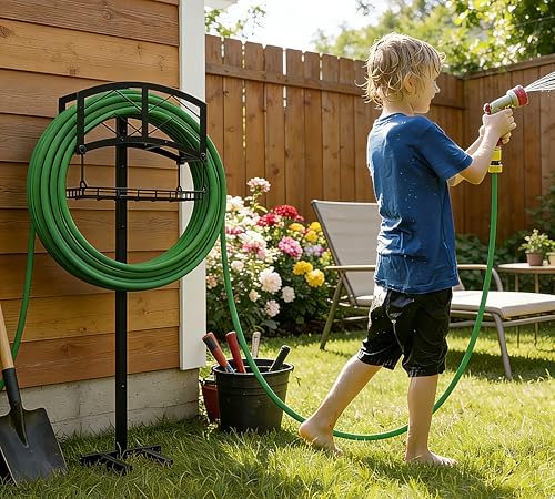 Kingson Portable Garden Hose Holder with Storage Basket - Heavy-Duty Black Steel Construction, Holds 150FT Hose, Freestanding & Detachable Design with Tools for Easy Assembly by Kingson