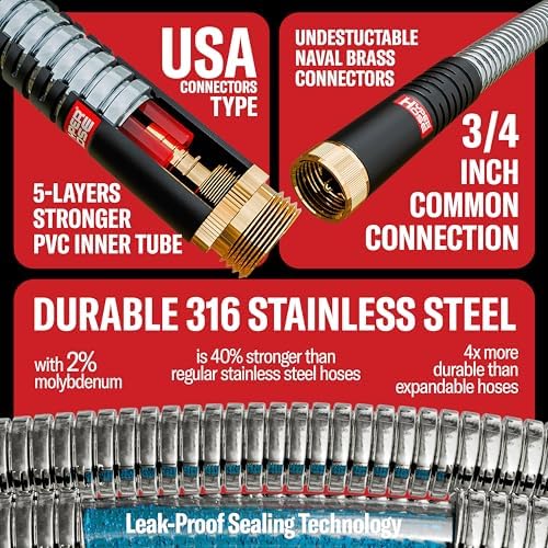 Best 150 ft Metal Garden Hose Set - No-Kink Durable 316 Stainless Steel, 10-Way Zync Spray Nozzle & Hook – Tough Flexible Heavy Duty Water Hoses, 5/8 in, Rust, Weather, LeakProof - Image 6