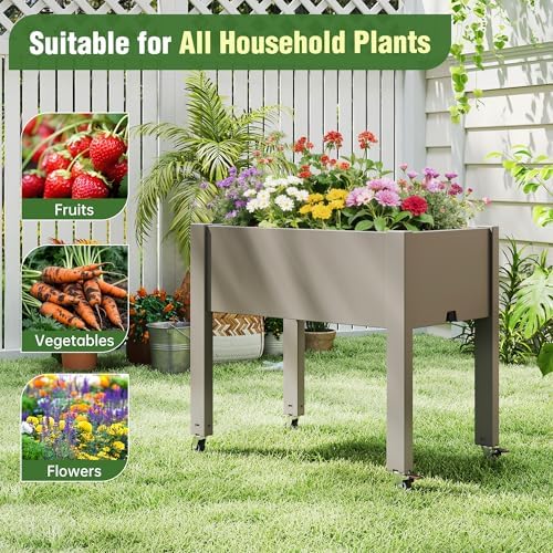 Elevated 26.3" Tall Raised Garden Bed with Wheels - Outdoor Mobile Resin Planter Box with Drainage Holes for Vegetables Flower Herbs, Weather Resistant, Gray (26.3" h) - Image 6